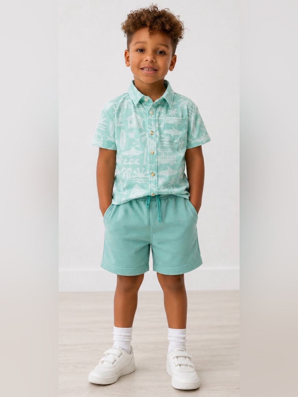 Little Sleepies Play Coastal Surf Shack Button Collared T-Shirt Short Set‎ Sz 8